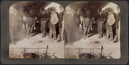 "Pot luck" with the "boys", President Roosevelt's Cowboy Breakfast at Hugo, Colorado, Stereo Card, Underwood & Underwood, 1903