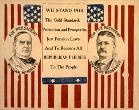 Campaign Poster for William McKinley and Theodore Roosevelt, Head and Shoulders Portraits  on United States flags, Lithograph, 1900