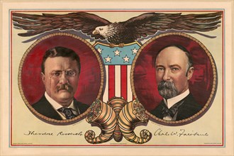 Political Campaign Poster with Head and Shoulders portraits of Theodore Roosevelt (left), for President, and, Charles W. Fairbanks, for Vice President, Lithograph by Sackett & Wilhelms Litho. & Prt. C...