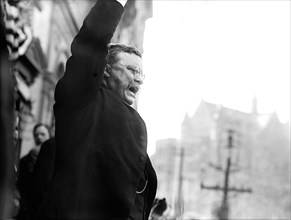 Theodore Roosevelt Waving to Crowd upon Arrival in the United States after Traveling to Europe and Africa for a Year, New York City, New York, USA, Bain News Service, June 18, 1910