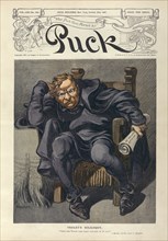 "Tedlet's Soliloquy", Theodore Roosevelt, as Hamlet, sitting in Chair, Holding a Paper Labeled "My Private Opinion", Puck Magazine, Artwork by Udo J. Keppler, Published by Keppler & Schwarzmann, Octob...