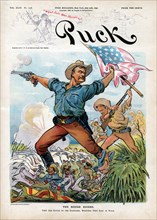 "Rough Riders", Theodore Roosevelt Leading the Rough Riders into Battle against the Spanish in Cuba during the Spanish-American War, Puck Magazine, Artwork by Udo J. Keppler, Published by Keppler & Sc...