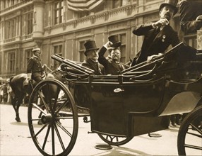Theodore Roosevelt riding in open Carriage with New York City Mayor William Gaynor and Cornelius Vanderbilt during his Homecoming Reception after his trip Abroad, New York City, New York, USA, 1910