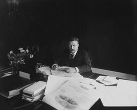 Theodore Roosevelt (1858-1919), 26th President of the United States 1901-09, Seated Portrait at Desk Looking Up, Photograph by Waldon Fawcett, 1903