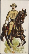 Theodore Roosevelt, in Uniform on Horseback, Holding Sword, Color Lithograph Illustration by McLoughlin Bros., 1898