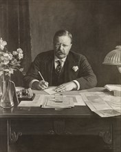 U.S. President Theodore Roosevelt, Half-Length Seated Portrait at Desk with Panama Canal Zone document on his Desk, 1921 Painting by Adriaan M. de Groot from a Photograph