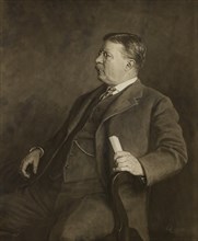 Theodore Roosevelt, Three-Quarter Length Portrait, Seated in Armchair with small Roll of Paper in Left Hand, Painting by Johann Waldemar de Rehling Quistgaard, 1913