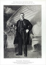 Theodore Roosevelt (1858-1919), 26th President of the United States 1901-09, Full-Length Portrait, Artwork by Arthur Young, The Arthur Young Gravuretype Cartoons, Published by The Patriotic Art Co., 1...
