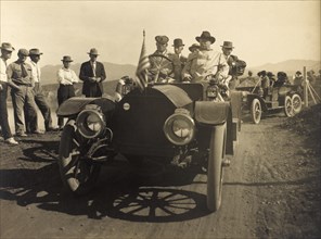 Theodore Roosevelt, seated in Open Automobile while Visiting Roosevelt, Arizona, USA, Photograph by Walter J. Lubken, April 1911