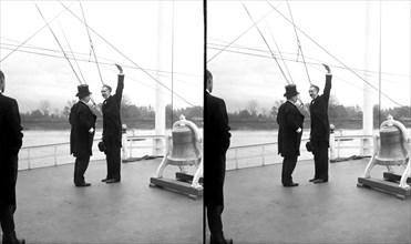 U.S. President Theodore Roosevelt, and Gifford Pinchot aboard the Steamer Mississippi, Mississippi River, Stereo Card, 1907