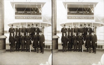 U.S. President Theodore Roosevelt in Group Portrait aboard the Steamer Mississippi, Mississippi River, Stereo Card, 1907