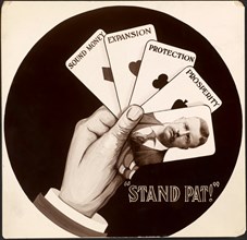 Presidential Election Campaign Card with Montage Showing a Drawn Hand Holding Four Playing Cards Labeled "Sound Money, Expansion, Protection, Prosperity" and Fifth Card with Portrait of Theodore Roose...
