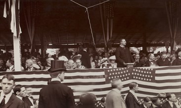 U.S. President Theodore Roosevelt giving Speech during Ceremony for Installation of General Comte de Rochambeau Statue, Lafayette Park, Washington, D.C., USA, June 1902