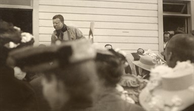 U.S. President Theodore Roosevelt giving Speech outside School House, Divide Creek, Colorado, USA, Photograph by Charles A. Bradley, 1905
