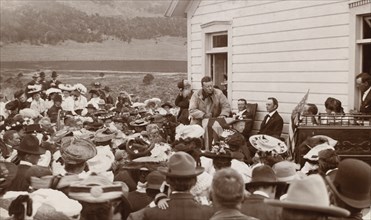 U.S. President Theodore Roosevelt giving Speech outside School House, Divide Creek, Colorado, USA, Photograph by Charles A. Bradley, 1905