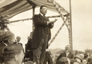 Former U.S. President Theodore Roosevelt Speaking to Crowd from Raised Platform, Photograph by American Press Association, October 12, 1910