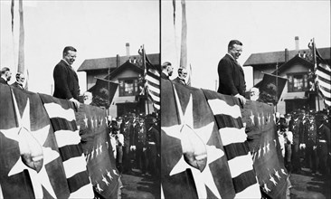 U.S. President Theodore Roosevelt on Flag-Draped Platform, smiling to crowd during Speech, Brattleboro, Vermont, USA, September 1, 1902