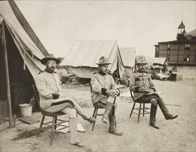 Colonel Theodore Roosevelt, Leonard Wood, and Alexander O. Brodie Sitting in front of Camp Tents, San Antonio, Texas, USA, Photograph by Paul Thompson, 1898