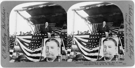 U.S. President William Howard Taft giving Speech, Augusta, Georgia, USA, Photograph by E.W. Kelly, Stereo Card, November 8, 1909