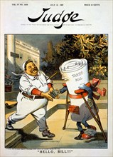 "Hello Bill!!!", Political Cartoon featuring U.S. President William Howard Taft coming from the White House, Carrying Golf Club, and Shaking hands with Crippled "Tariff Bill", Judge Magazine, July 31,...