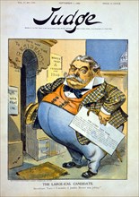"Larg-ical Candidate", Political Cartoon Featuring William Howard Taft, Standing at Door of "the Presidency," holding paper from Justice Brewer recommending him for the Presidency, and saying, "I wond...