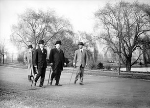 U.S. President William Howard Taft taking a Stroll with Archibald Butts, Military Aide, and Charles Dewey Hilles, Personal Secretary to the President, Washington D.C., USA, Photograph by Harris & Ewin...