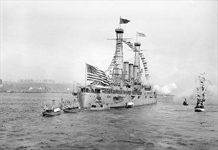 Battleship Connecticut Saluting the Presidential Yacht Mayflower during Naval Review for U.S. President William Howard Taft, New York Harbor, New York City, New York, USA, Photograph by Bain News Serv...