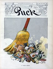 "A Clean Sweep", Large Broom labeled "Election" Sweeping up Trash of Campaigns of William Jennings Bryan and William H. Taft, Artwork by Will Crawford, Lithograph by J. Ottmann Lith. Co., Puck Magazin...
