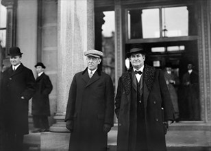 U.S. President-Elect Woodrow Wilson (left) and William Jennings Bryan, Leaving Building, Three-Quarter Length Portrait, Trenton, New Jersey, USA, Bain News Service, December 1912