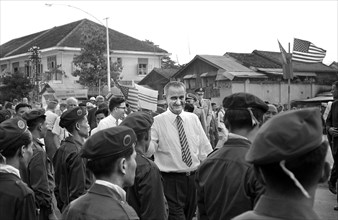 U.S. Vice President Lyndon Johnson Standing Amongst Vietnamese Soldiers during Visit, Saigon, South Vietnam, photograph by Thomas J. O'Halloran, May 1961