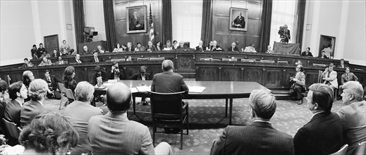 U.S. President Gerald Ford appearing at the House Judiciary Subcommittee hearing on pardoning former President Richard Nixon, Washington, D.C., USA, photograph by Thomas J. O'Halloran, October 17, 197...