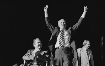 U.S. President Gerald Ford making a Victory sign as Alabama Governor George Wallace Applauds at Campaign Stop, Alabama, USA, photograph by Thomas J. O'Halloran, September 1976