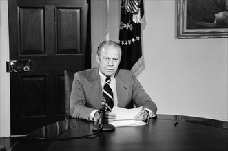 U.S. President Gerald Ford announcing amnesty for draft evaders at the White House, Washington, D.C., USA, photograph by Thomas J. O'Halloran, September 16, 1974