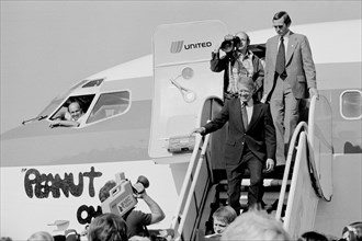 Democratic Presidential Nominee Jimmy Carter Disembarking from "Peanut One" Campaign Airplane at Pittsburgh-Allegheny County Airport during Campaign Stop, Pittsburgh, Pennsylvania, USA, photograph by ...