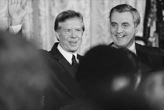 U.S. President Jimmy Carter and U.S. Vice President Walter Mondale, Head and Shoulders Portrait at White House, Washington, D.C., USA, photograph by Thomas J. O'Halloran, December 1979