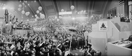 U.S. President Lyndon Johnson at Podium during Democratic National Convention, Boardwalk Hall, Atlantic City, New Jersey, USA, photographer Thomas J. O'Halloran, Warren K. Leffler, August 26, 1964