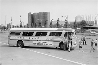 Greyhound Bus arriving at New York World's Fair,  Flushing Meadows–Corona Park, Queens, New York City, New York, USA, photograph by Thomas J. O'Halloran, June 1965