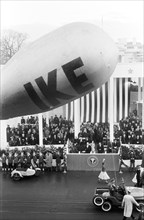 U.S. President Dwight Eisenhower and U.S. Vice President Richard Nixon Reviewing Inauguration Parade, First Lady Mamie Eisenhower and Second Lady Pat Nixon seated behind, Washington, D.C., USA, photog...