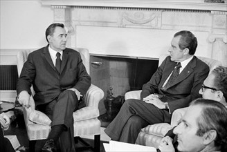 Soviet Foreign Minister Andrei Gromyko and U.S. President Richard M. Nixon during Meeting at White House, Washington, D.C., USA, photograph by Thomas J. O'Halloran, February 1974