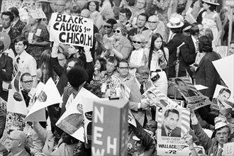 Group of people Demonstrating for Shirley Chisholm and George Wallace, Democratic National Convention, Third Session, Miami Beach Convention Center, Miami Beach, Florida, USA, photograph by Thomas J. ...