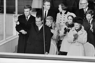 U.S. President Richard Nixon and First Lady Pat Nixon with Family and Dignitaries watching Presidential Inauguration Event, Washington, D.C., USA, photograph by Thomas J. O'Halloran, January 20, 1969