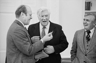 U.S. President Gerald Ford meeting with House Majority Leader Tip O'Neill and friend at the White House, Washington, D.C., USA, photograph by Marion S. Trikosko, February 6, 1975