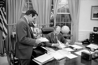 U.S. President Gerald Ford meeting with Donald Rumsfeld at the White House, Washington, D.C., USA, photograph by Marion S. Trikosko, February 6, 1975