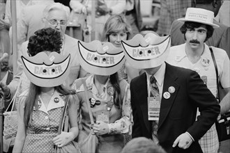 Delegates wearing Jimmy Carter Smile Masks at the Democratic National Convention, Madison Square Garden, New York City, New York, USA, photograph by Warren K. Leffler, July 15, 1976