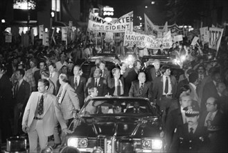 Democratic Presidential Nominee Jimmy Carter and Mayor Richard J. Daley ride in Torchlight Parade during Campaign Stop, Chicago, Illinois, USA, photograph by Thomas J. O'Halloran, September 9, 1976