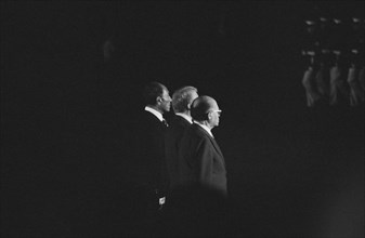 U.S. President Jimmy Carter, Egyptian President Anwar Sadat, and Israeli Prime Minister Menachem Begin reviewing Marines during Camp David Accords, Camp David, Maryland, USA, photograph by Marion S. T...