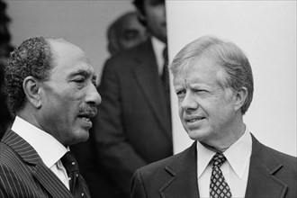U.S. President Jimmy Carter welcomes Egyptian President Anwar Sadat at the White House, Washington, D.C., USA, photographer Marion S. Trikosko, Warren K. Leffler, April 8, 1980