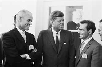 American Astronaut Colonel John Glenn, U.S. President John F. Kennedy and Soviet Cosmonaut Major Gherman Titov meeting at White House, Washington, D.C., USA, photograph by Marion S. Trikosko, May 3, 1...
