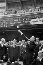 U.S. President Lyndon Johnson Tossing out First Ball at Opening Day Baseball Game, Washington, D.C., USA, photographer Marion S. Trikosko, Warren K. Leffler, April 12, 1965