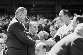U.S. President Lyndon Johnson Shaking Hands with Gil Hodges, Manager of Washington Senators, Opening Day Baseball Game, Washington, D.C., USA, photographer Marion S. Trikosko, Warren K. Leffler, April...
